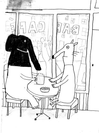 Croquis de carnet. Dessin de deux personnages (animaux) assis face à face dans un bar. Derrière la vitre un autre regarde.