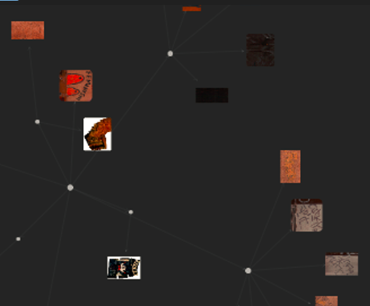 A network graph of scanned images of tags and sticker and sketches on walls