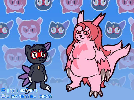 A black and purple sneasel, who is wearing red glasses stands next to a pink Zangoose who is pink with red long hair. The background is blue and it fades in simple lineless versions of the same character's faces.