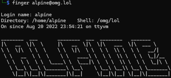 finger shell command showing the word "alpine" in 3D-ASCII