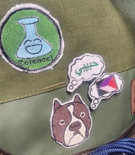 a green messenger bag with two patches sewen on. one of the patches is of Beefy with two thought bubbles,  one says "habbibi" in arabic, the other is the Queer Prism flag.