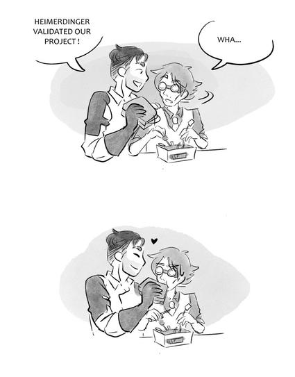 Jayce say « Heimerdinger validated our project ! » Viktor turn is head, mouth big open « what ?? ». Jayce use that momentum to put the sandwich in his mouth with a satisfied expression. Viktor is stuck and had to eat, poor him