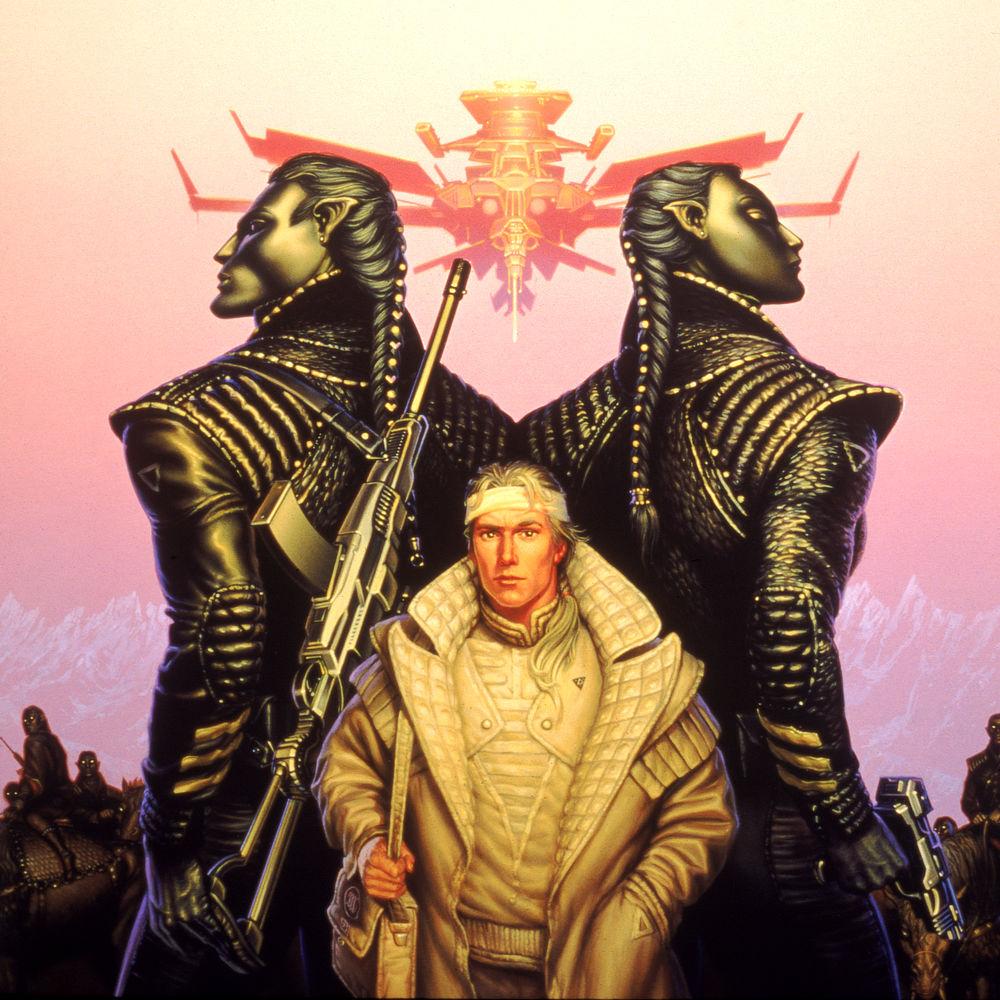 Detail from FOREIGNER featuring a human male dressed in white towered over by two aliens with pure black skin. Both aliens, male and female, wear leather uniforms. The male on the left has an assault rifle strapped over his back. The female holds a laser pistol low at her side.