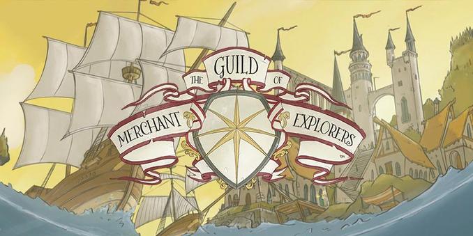 "Illustration représentant un grand navire à voiles blanches naviguant sur la mer, approchant d'une ville portuaire aux hautes tours et aux toits dorés. Au centre, un blason orné d'une rose des vents est entouré de banderoles portant l'inscription 'The Guild of Merchant Explorers'."