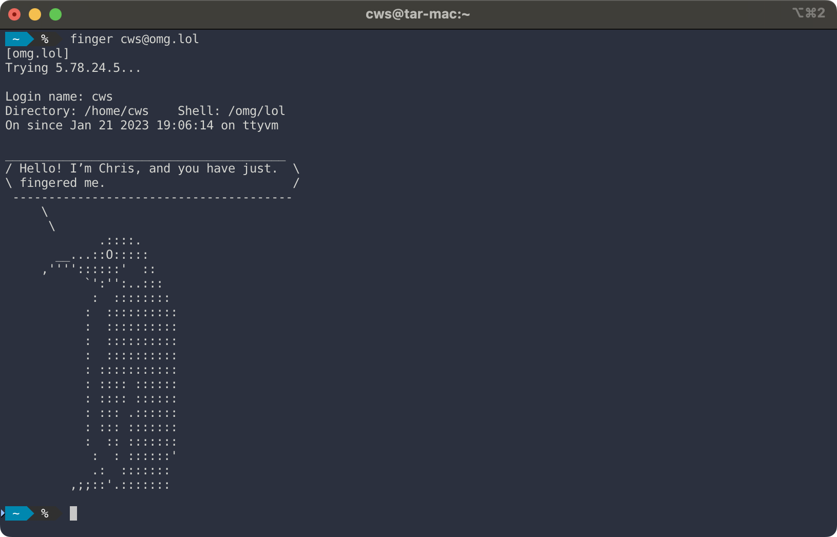 The finger command against cws@omg.lol. The result shows an ascii art penguin with a message that says who I am and that you have just fingered me.