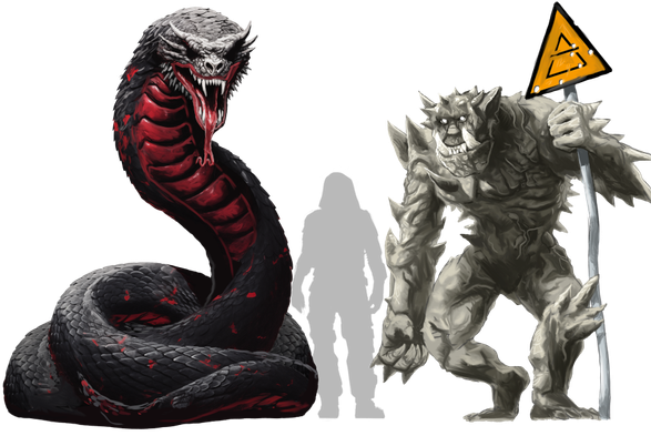 Illustration of a scary giant black and red snake and a (Shadowrun) troll with extreme dermal plating.