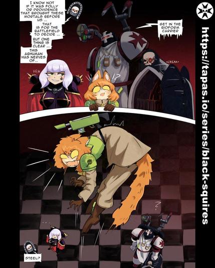 Warhammer 40k webcomic page with a cat character (felinid) and a sister of battle being confronted by the black templar space marines