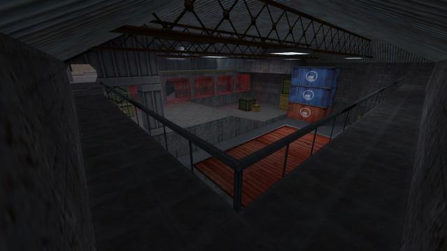 In this picture you can see the opposite perspective from the pictures before. More precisely, from the catwalk. This is on the map cs_assault in the game Counter-Strike 1.6.