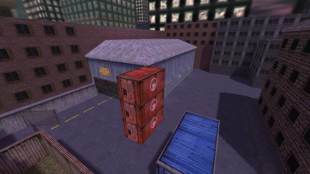 In this picture you can see the warehouse from the front and from the bridge. This is on the map cs_assault in the game Counter-Strike 1.6.