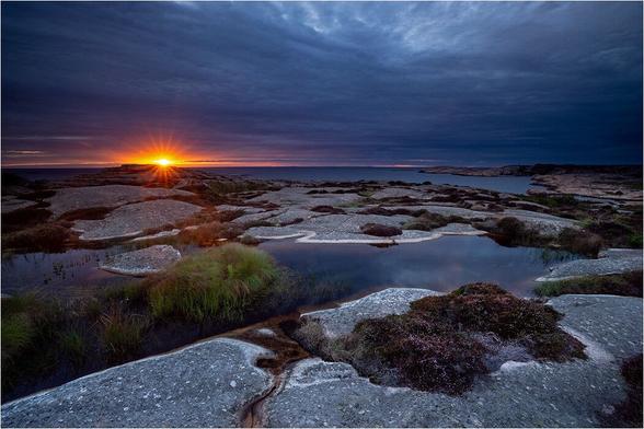 abendliche Felslandschaft zur blauen Stunde, im Hintergrund das Meer und die durch die dunklen Wolken hervorscheinende Sonne, im Vordergrund Heidekräuter und Regenwasserteiche auf den Felsen