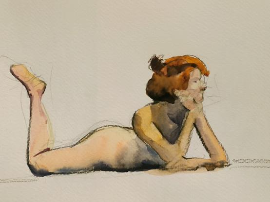Watercolor of a woman lying face down holding her head with one hand in a pensive attitude