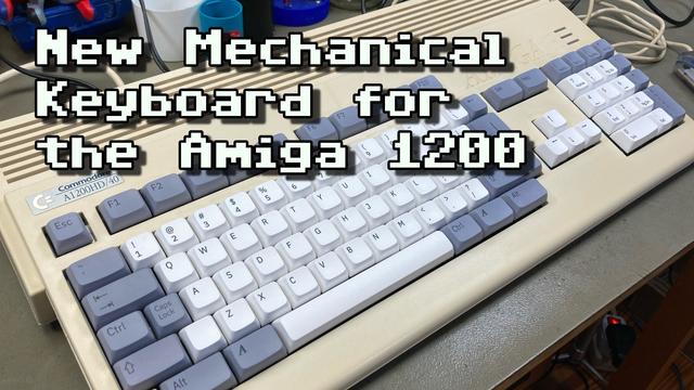 Thumbnail for my video, showing an Amiga 1200 with a new keyboard on my workbench. The overlayed text reads "New Mechanical Keyboard for the Amiga 1200".