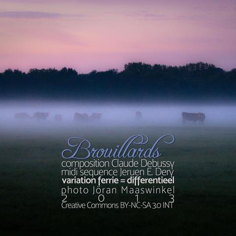 A misty landscape at dawn featuring silhouettes of cows in a field, with trees in the background. The image includes text detailing the title "Brouillards," the composer Claude Debussy, and photo credits to Jöran Maaswinkel.

Brouillards – Mist uit 2013 een variatie op het Expressionisme van Claude Debussy
deel 5 Brouillards in de serie Expressionisme is de eerste prelude uit het tweede Prelude Boek van Claude Debussy
Brouillards is het Franse woord voor mist, maar dan in het meervoud – een uitdrukking die we in het Nederlands niet kennen – mist is zowel meer- als enkelvoud

nog steeds te beluisteren op https://ferrie.audio/b/eG