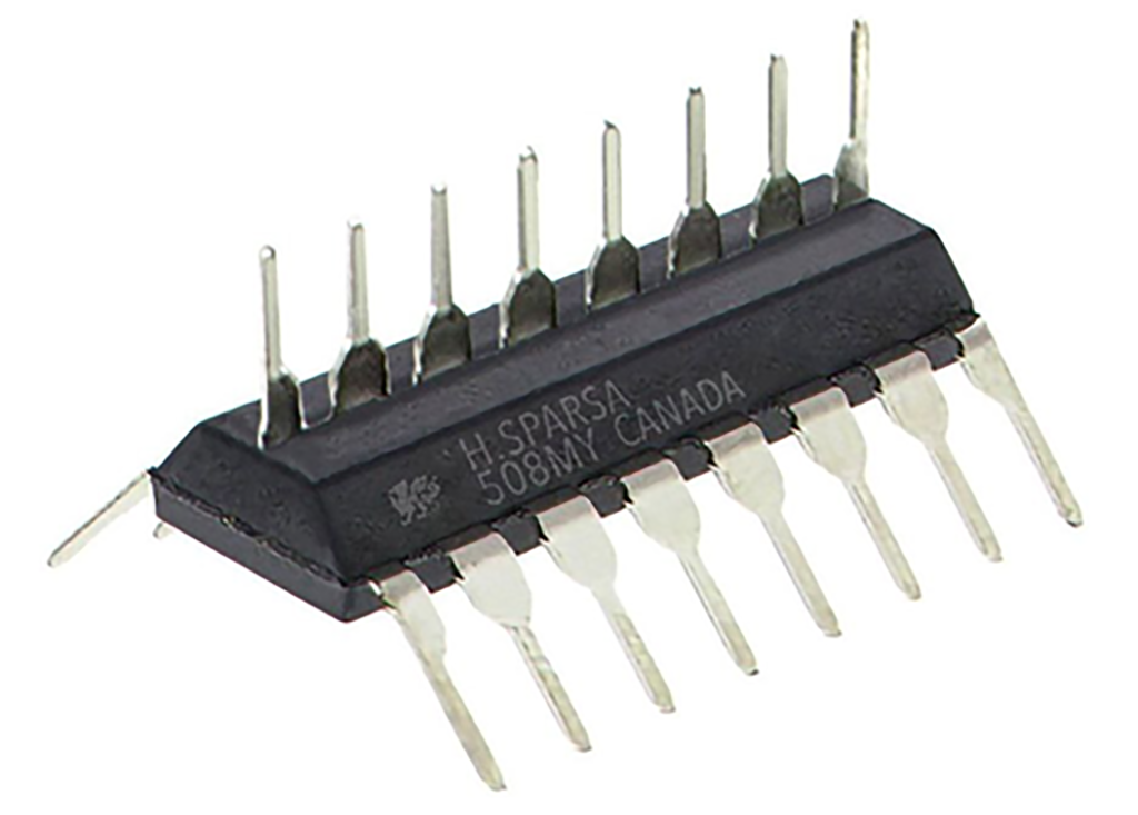 A promo picture of a 24-pin chip package, with three rows of eight pins, two on the bottom splayed out like legs and one row across the top spine of the chip. It has a black housing labeled H. SPARSA 508MY CANADA with a manufacturer's logo, some kind of dragon or something.