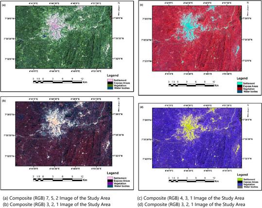 maps of remote sensing data - (a) Composite (RGB) 7, 5, 2 Image of the Study Area (b) Composite (RGB) 3, 2, 1 Image of the Study Area (c) Composite (RGB) 4, 3, 1 Image of the Study Area (d) Composite (RGB) 3, 2, 1 Image of the Study Area