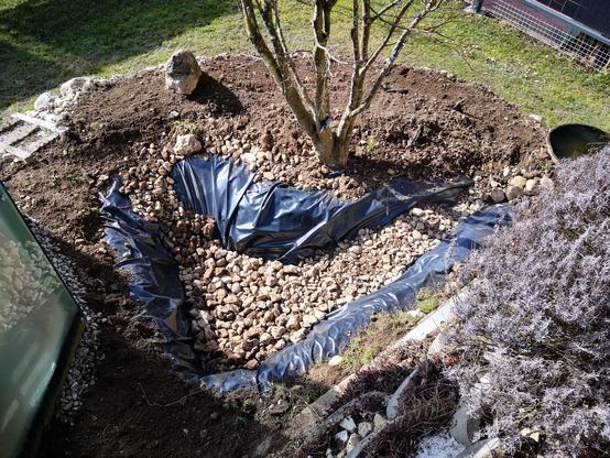Noch leerer Gartenteich mit Folie und ersten Steinen