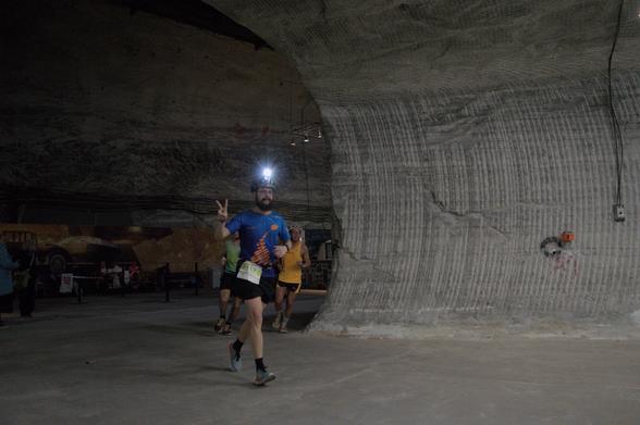 Me showing the victory sign while running through a salt mine