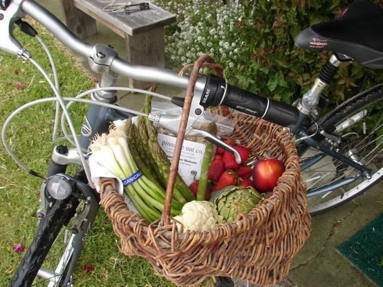 A basket of fresh produce hangs on a bicycle handlebar.
