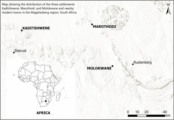 Map showing the distribution of the three settlements Kaditshwene, Marothodi, and Molokwane and nearby modern towns in the Magaliesberg region, South Africa.
