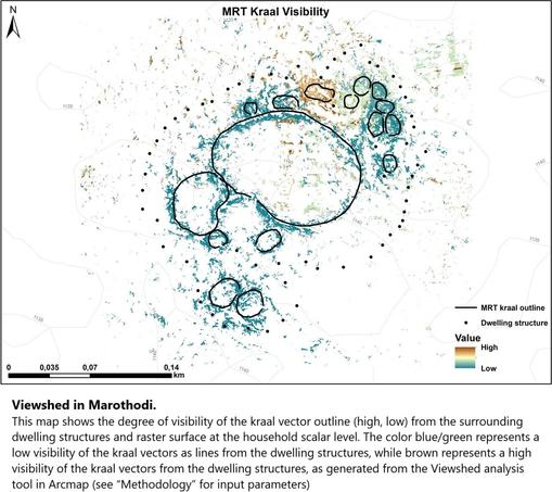 Viewshed in Marothodi; this map shows the degree of visibility of the kraal vector outline (high, low) from the surrounding dwelling structures and raster surface at the household scalar level. The color blue/green represents a low visibility of the kraal vectors as lines from the dwelling structures, while brown represents a high visibility of the kraal vectors from the dwelling structures, as generated from the Viewshed analysis tool