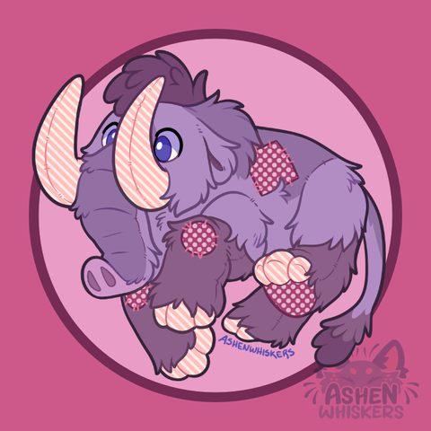 Art of a purple plush mammoth with pink tusks and magenta patches