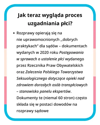 Jak teraz wygląda proces uzgadniania płci?
Rozprawy opierają się na nie uprawomocnionych “dobrych praktykach” dla sądów - dokumentach wydanych w 2020 roku „Postępowania w sprawach o ustalenie płci“ wydanego przez Rzecznika Praw Obywatelskich oraz „Zalecenia Polskiego Towarzystwa Seksuologicznego dotyczące opieki nad zdrowiem dorosłych osób transpłciowych – stanowisko panelu ekspertów“. Dokumenty te (niemal 60 stron) często składa się w postaci dowodów na rozprawy sądowe.