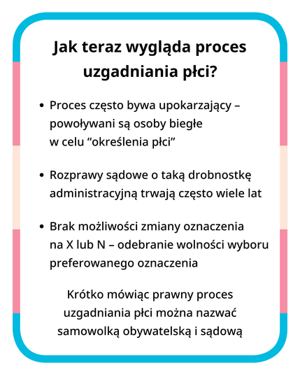 Jak teraz wygląda proces uzgadniania płci?
Proces często bywa upokarzający - powoływani są osoby biegłe w celu “określenia płci”.
Rozprawy sądowe o taką drobnostkę administracyjną trwają często wiele lat. 
Brak możliwości zmiany oznaczenia na X lub N - odebranie wolności wyboru preferowanego oznaczenia.
Krótko mówiąc prawny proces uzgadniania płci można nazwać samowolką obywatelską i sądową.