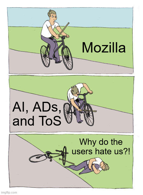 Bike Fall Meme: 1st Panel:  Mozilla 2nd Panel (stick being jammed in the wheel): AI, ADs, and ToS 3rd Panel: Why do the users hate us?!