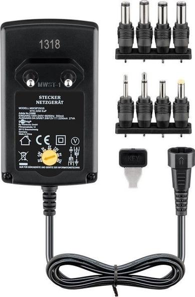 product photo of a wall plug power supply with a voltage dial divided in 1,5V steps