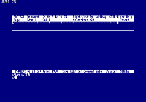This is a screenshot from an Amstrad CPC emulator. It's running Protext, a word processor and the prompt reads KEY A,^192