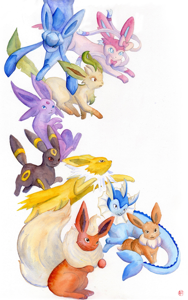 Watercolour painting of Eevee and its evolutions: Glaceon, Sylveon, Leafeon, Espeon, Umbreon, Jolteon, Vaporeon and Flareon.

They mostly occupy space in the left of the image, the background is white.