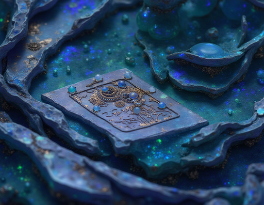 An unfinished Tarot card in the process of being carved from  a lapis-like dark blue and teal bedrock mineral formation. The card is decorated with gold designs and gemstone spheres, and is possibly the ten of cups.