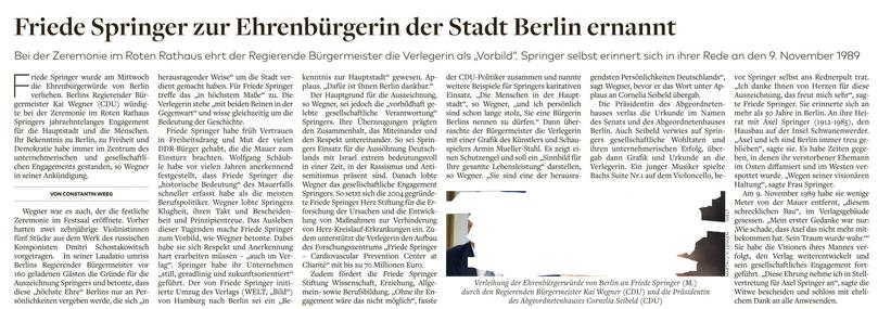Artikel in der Welt von heute "Friede Springer zur Ehrenbürgerin der Stadt Berlin ernannt".