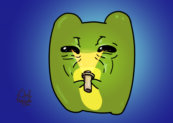 Froggelio iluminating his face with a torch light. He looks wrinckle.