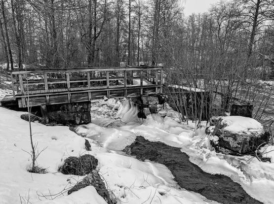 B&W image of a river with a large amount of melting ice.
