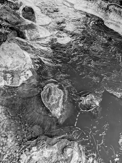 B&W image of a river with a large amount of melting ice.