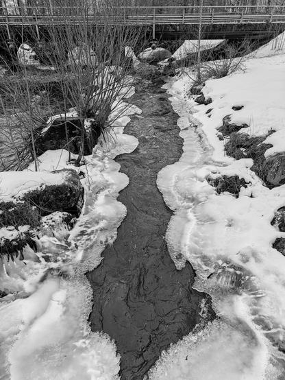 B&W image of a river with a large amount of melting ice.