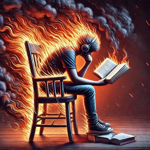 Men sitting on a burning chair, trying to read a book