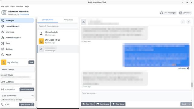 Bildbeschreibung:
Screenshot der Desktopversion des Reticulum MeshChats.