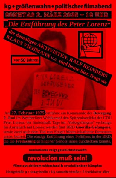 Der Flyer zum Filmabend zeigt das bekannte Foto von Peter Lorenz als Gefangener der Bewegung 2. Juni sowie die Eckdaten zum Filmabend aus dem Beitragstext