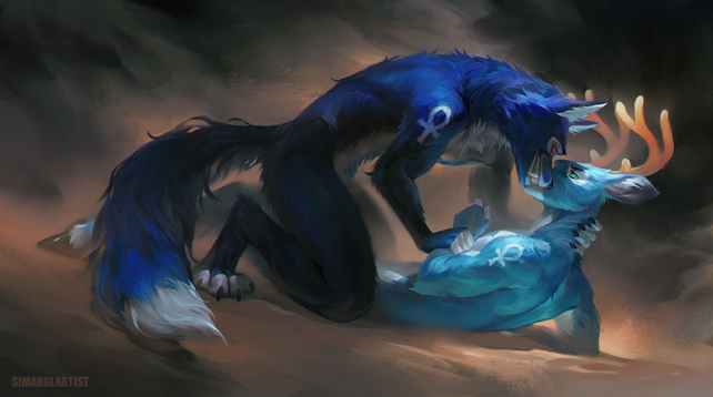 Furry art, blue fox on top of blue deer. one on back, one kneeling. fox holding the back of the deer's neck