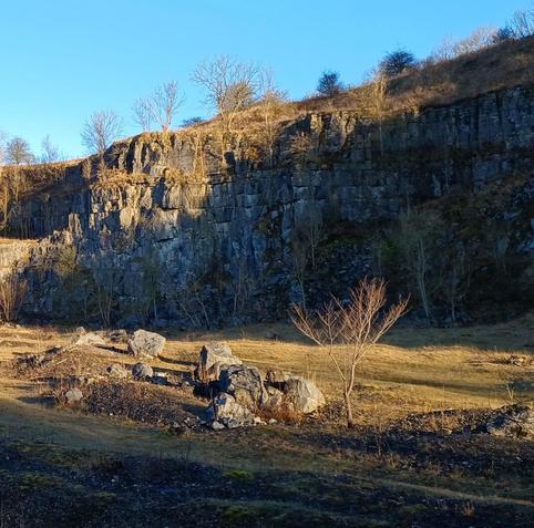 Another view of the quarry face this time mostly in shadow. The foreground is in sun, boulders and a small bare tree