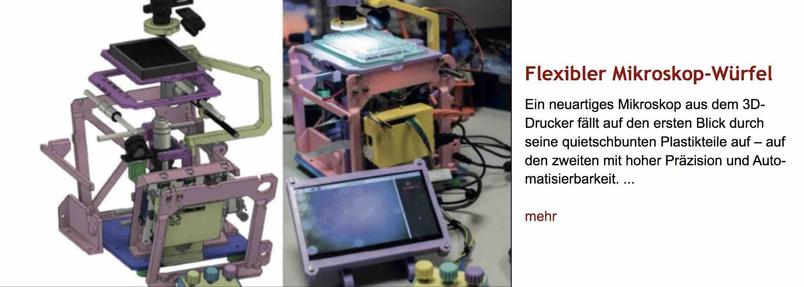 Zwei Aufnahmen eines fertigen bunten Mikroskops aus dem 3D-Drucker. Rechts daneben Überschrift "Flexibler Mikroskop-Würfel" des im Post verlinkten Artikels, gefolgt von dessen Vorspann.