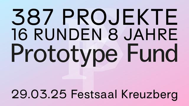 Bildbeschreibung: Banner mit pink blauem Gradient und Schriftzug 387 Projekte, 16 Runden, 8 Jahre Prototype Fund, Veranstaltungsdatum 29.03.2025 im Festsaal Kreuzberg