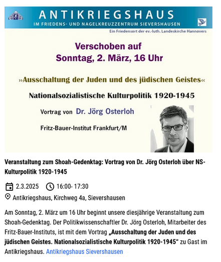 Veranstaltungsflyer des Antikriegshauses
„Ausschaltung der Juden und des jüdischen Geistes“
Nationalsozialistische Kulturpolitik 1920–1945
Vortrag von Dr. Jörg Osterloh