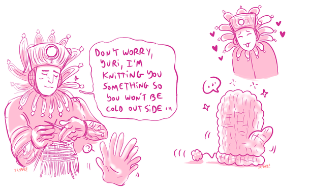 A comic featuring Ymir (from the Elden Ring dlc) knitting a glove for his son Yuri (who is just.... a giant hand.)
He says "don't worry Yuri, I'm knitting you something so you won't be cold outside..."