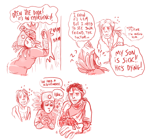 A comic with Ymir, banging the door in panic "OPEN THE DOOR! IT'S AN EMERGENCY!!" when Ansbach opens the door, Ymir says "I know it's 4 a.m but I need to see your friend, the doctor... MY SON IS SICK!!! HE'S DYING!!!" half asleep, Ansbach says "uuhn... it's fine, i'm calling him."
Later on, you can see Varré, half asleep holding Yuri saying "He had a nightmare."