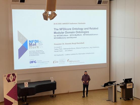 Hossein in front of his presentation on the NFDIcore Ontology in Karlsruhe.