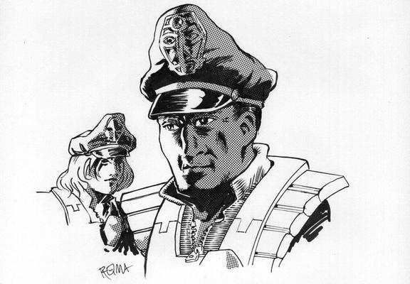 Black and white drawing. Man and woman in AIICS uniform.