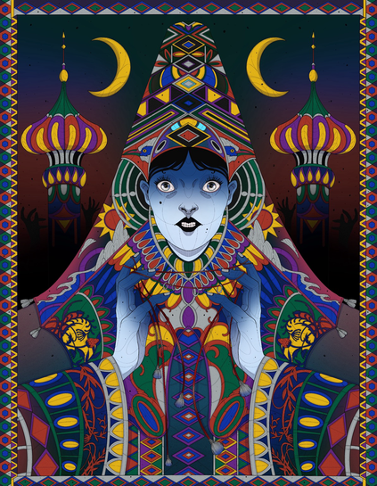 A colorful portrait of a princess inspired by Slavic folklore. She has her eyes wide open and stretches a string with her fingers. There are towers in the background with hands reaching towards them from the dusty ground.